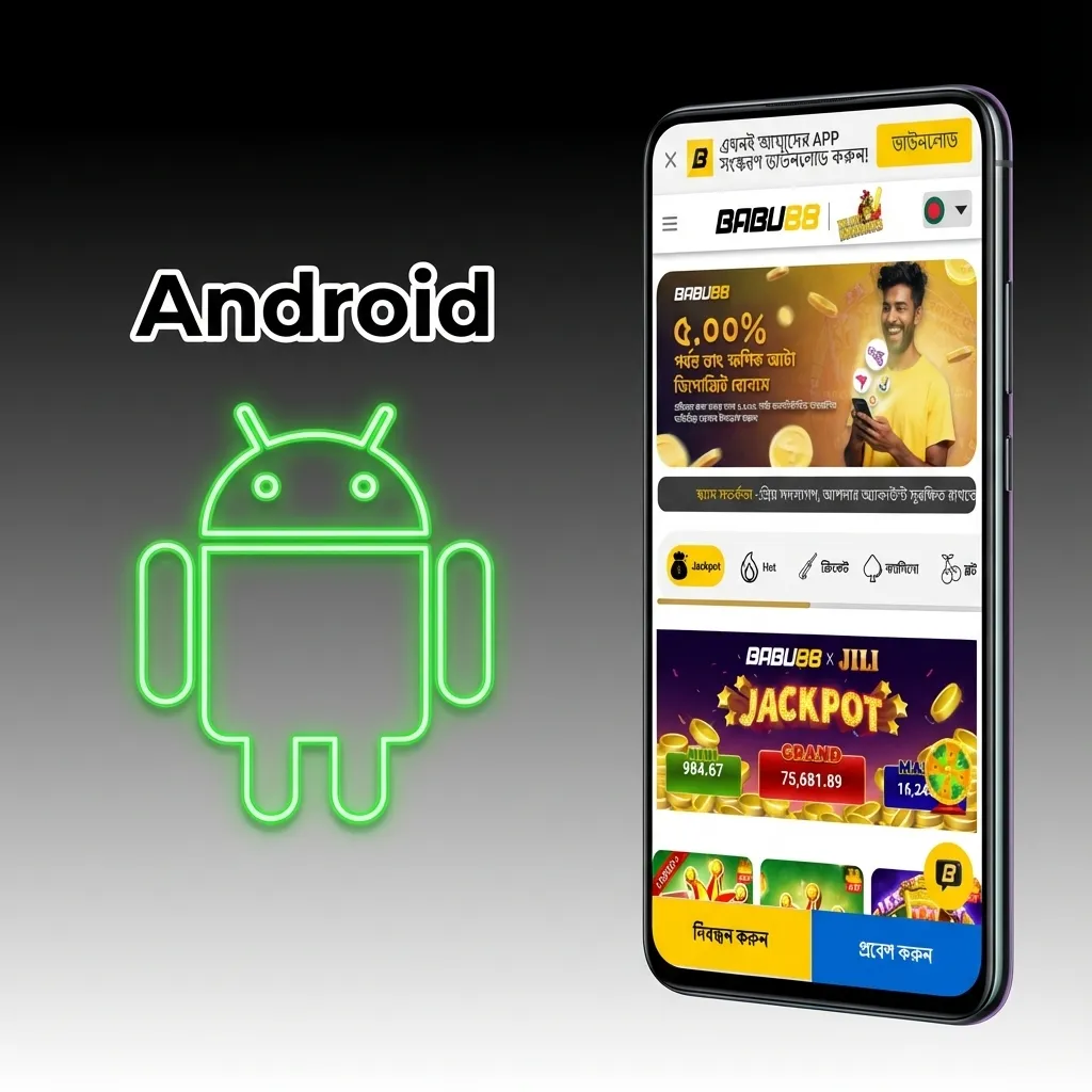 Hand holding a smartphone showing the Babu88 Android betting app with login, sports, and casino options on screen
