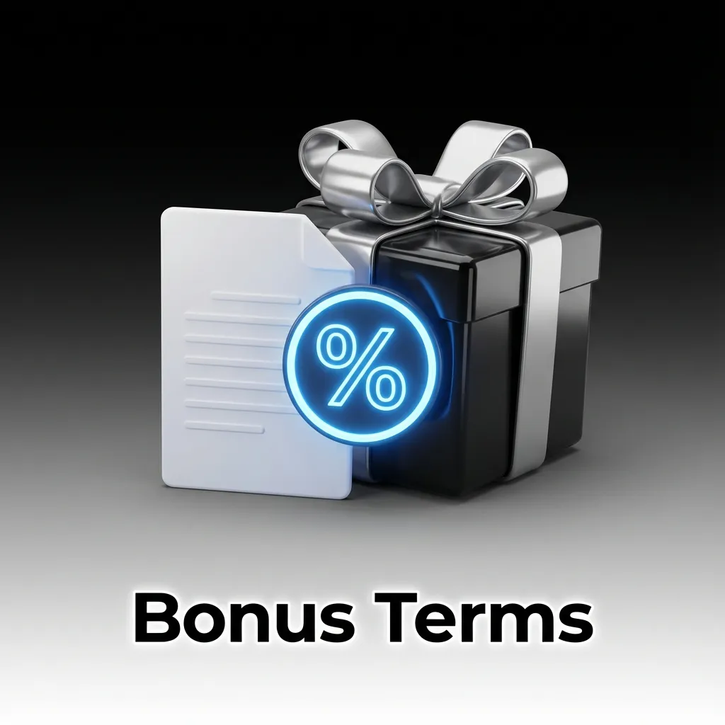 Illustrated “Bonus Terms” screen highlighting rules for one welcome bonus, wagering requirements, and withdrawal conditions.