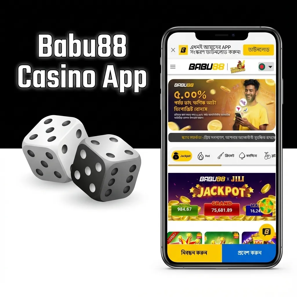 Smartphone showing Babu88 casino app home screen with slots, live dealer tables and promotions visible