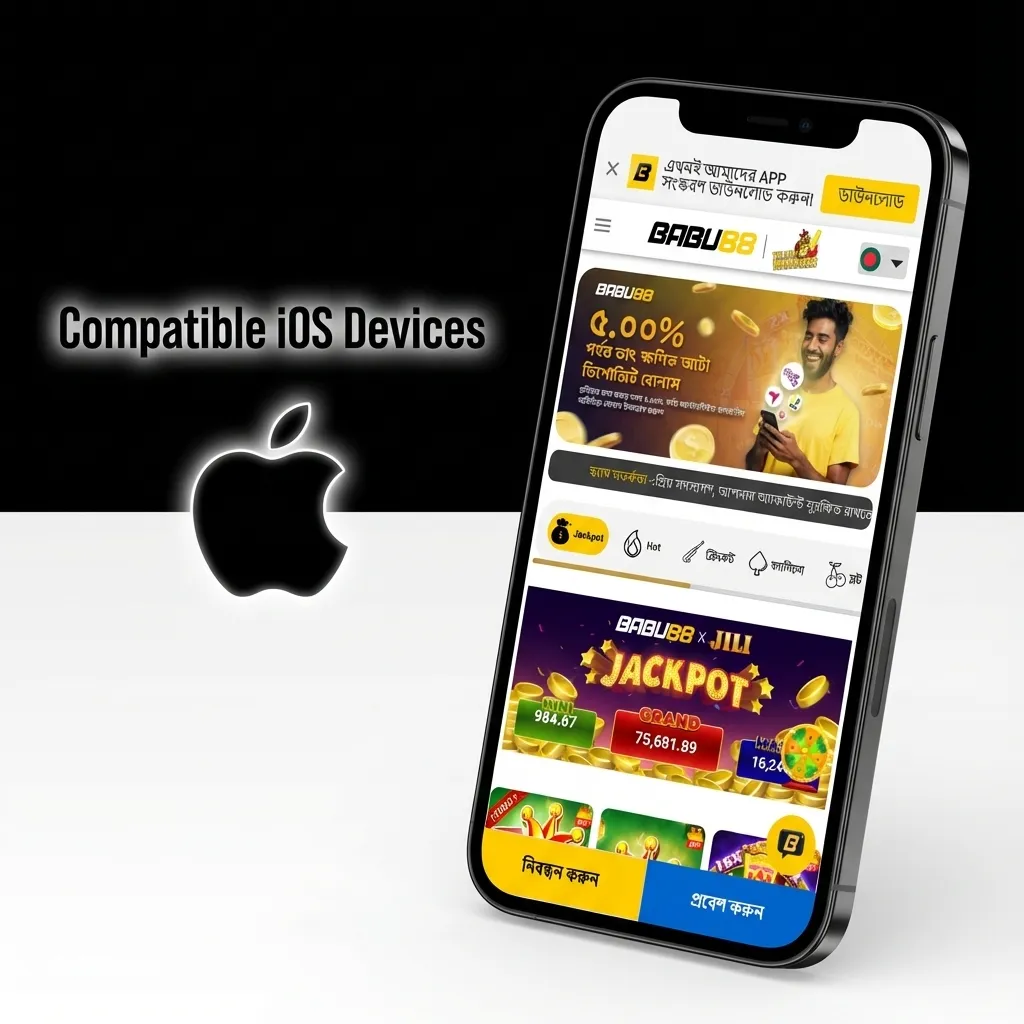 Graphic listing Babu88 app compatible iPhone models from X to 15 series and iOS 11+ iPhones and iPads in Bangladesh