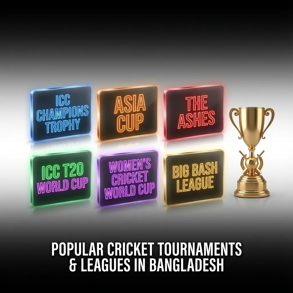 Graphic titled “Popular Cricket Tournaments & Leagues in Bangladesh” showing World Cups, The Ashes, BPL and other tours.