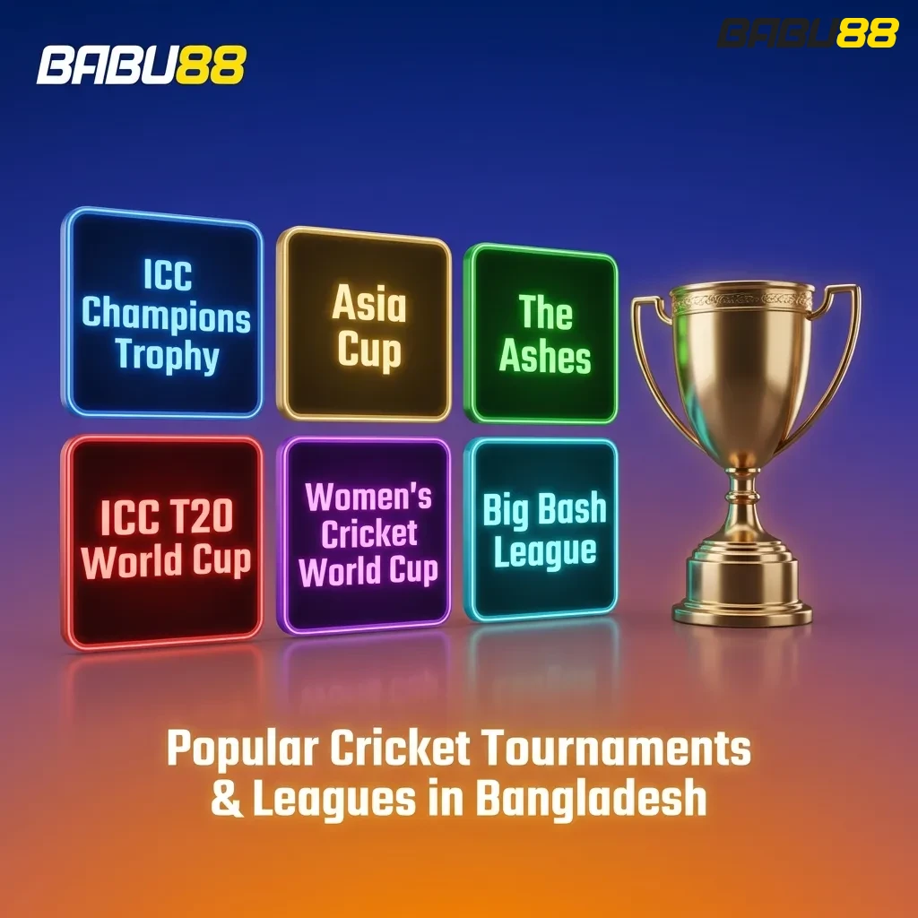 Cricket tournaments including ICC World Cup, T20 World Cup, IPL, BPL, and The Ashes with betting options on Babu88