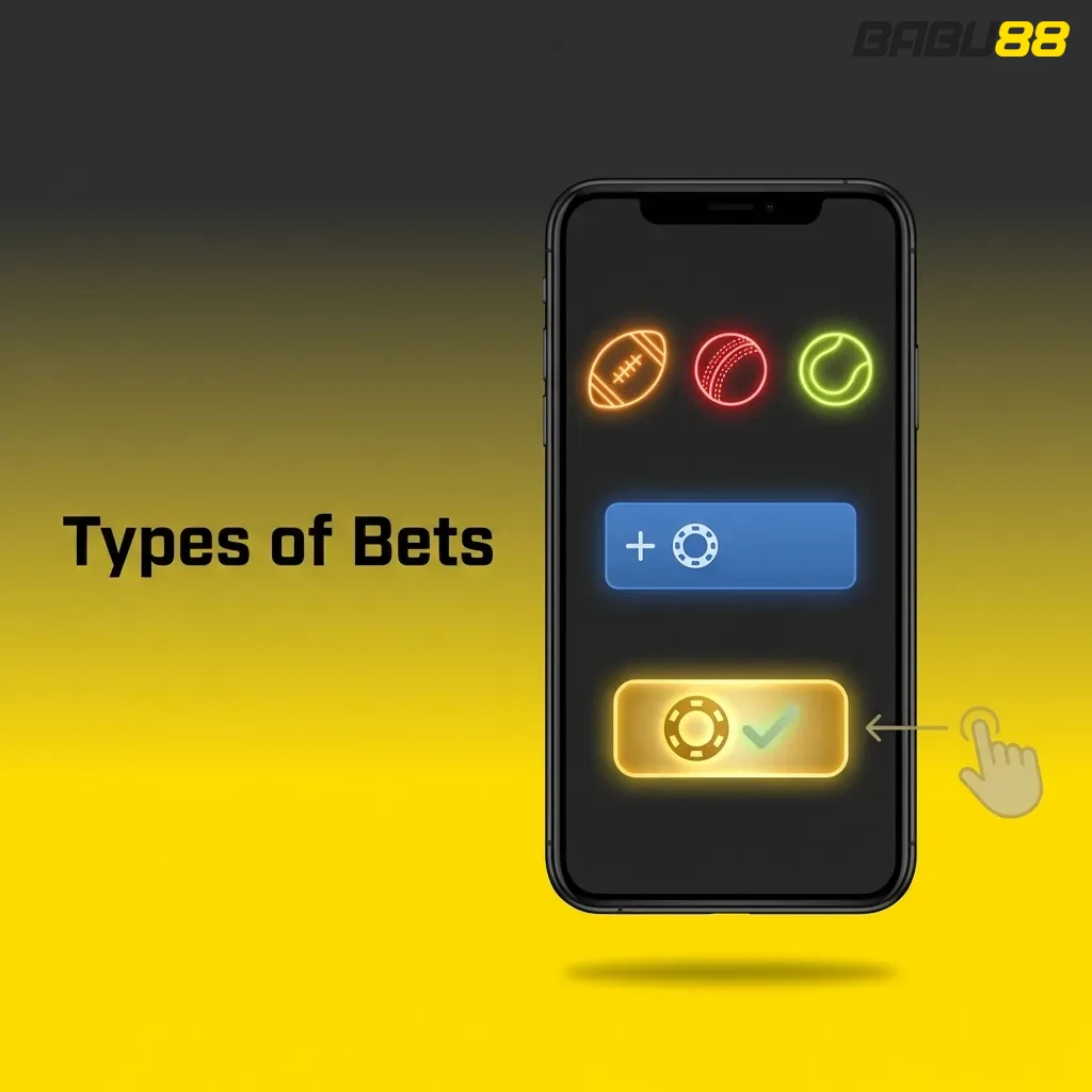Diagram showing three betting types: Single bets on one outcome, Express combining multiple picks, and System bets with combinations.